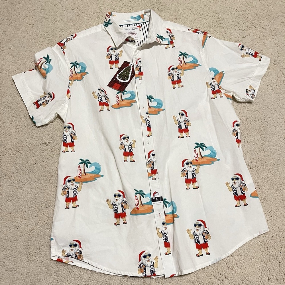 Denim And Flower Short Sleeve Button Up Surfing Santa Sz L NWT Holiday Christmas